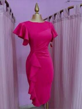 NWOT Fuchsia Ruffled Midi Dress with Draped Front Detail M